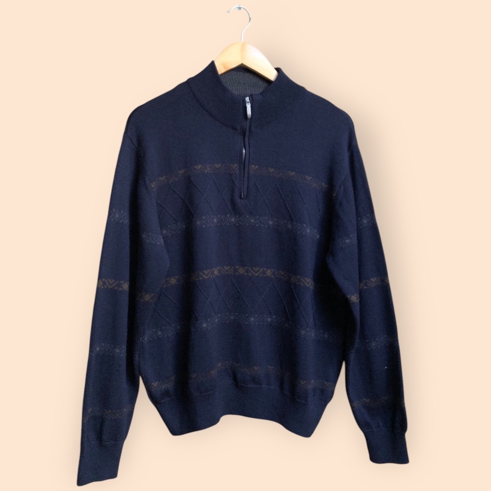 Alex Cannon MENS Merino Wool Italian Yarn Quarter Zip Pattern Sweater MENS M